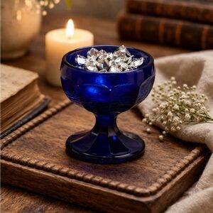 Vintage Cobalt Blue Glass Pedestal Bowl Compote Dish 1969 Retro Decor Mini